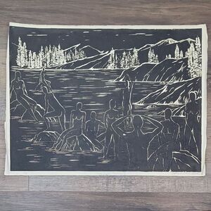Black and White Relief Print Titled Moonlight Bathers Signed By the Artist